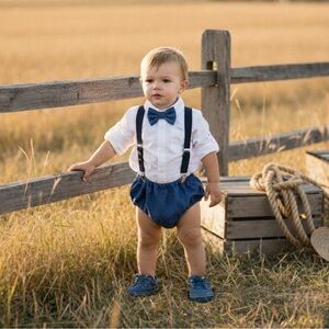 Denim First Birthday Outfit – ONE Crown, 
Suspenders, bow tie and bloomers set